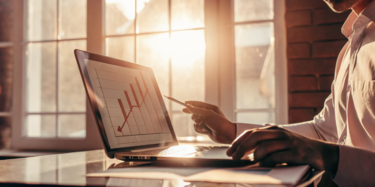 Business owner reviewing financials on a laptop.