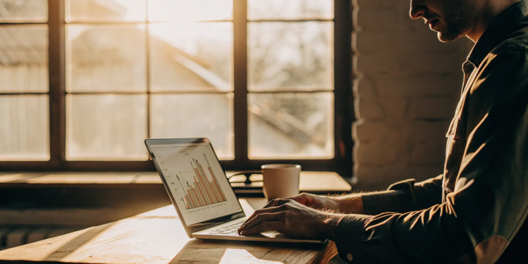 Man analyzing revenue charts on a laptop, learning how revenue based financing works for business growth.