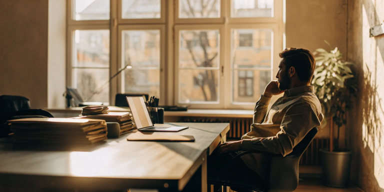 How to Get Long Term Financing for Small Businesses 4 Business owner at a desk with a laptop considering long-term small business loan options.