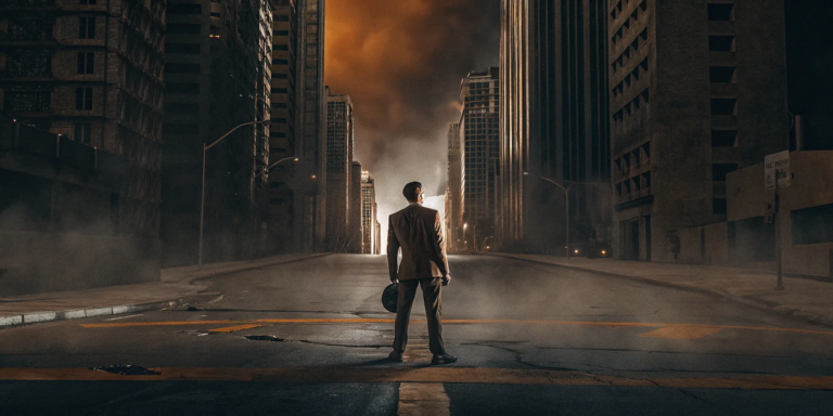 Worst Factoring Companies: How to Spot Red Flags 6 Dark, ominous sky over lone businessman on city street. Warning against worst factoring companies.
