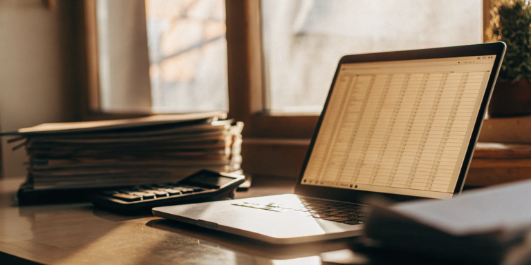 Factoring receivables journal entries recorded in a spreadsheet on a laptop.