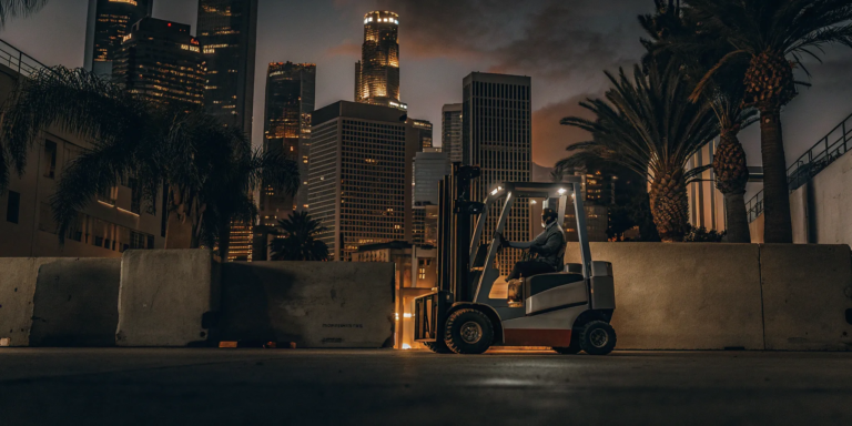 Commercial equipment financing in Los Angeles for a forklift operating at a worksite.