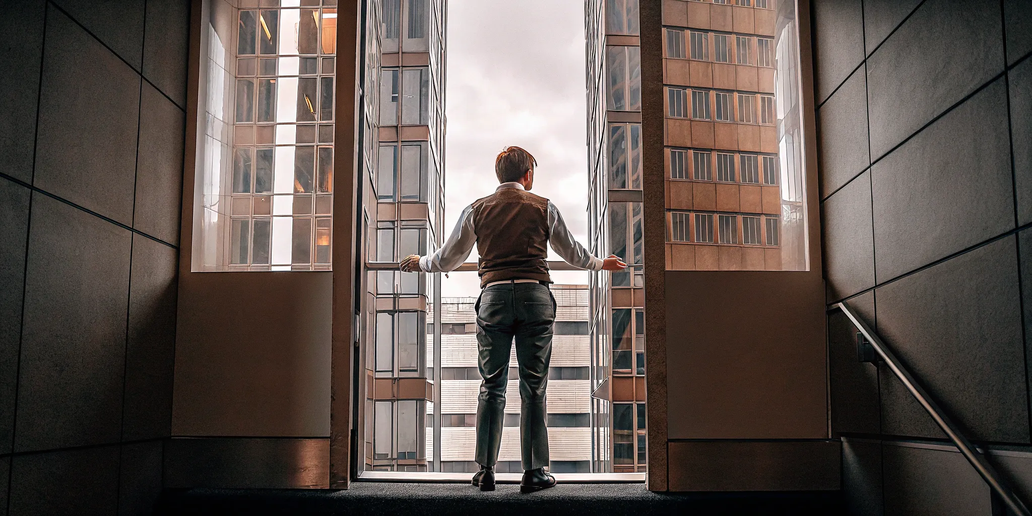 Business owner in a high-rise office considering fast working capital loans with no credit check.