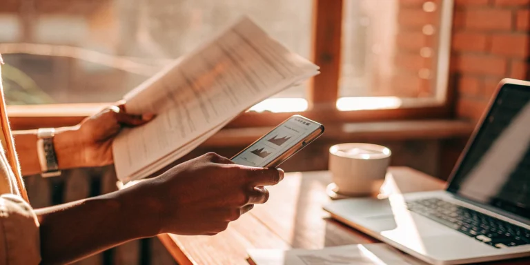 Business owner reviewing fast funding options on a smartphone and laptop.