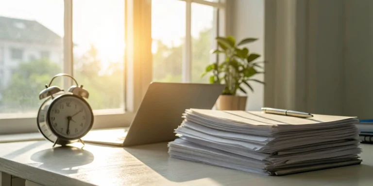 Late Payment Legislation: A Small Business Guide 11 A clock on a small business desk with paperwork about late payment legislation.