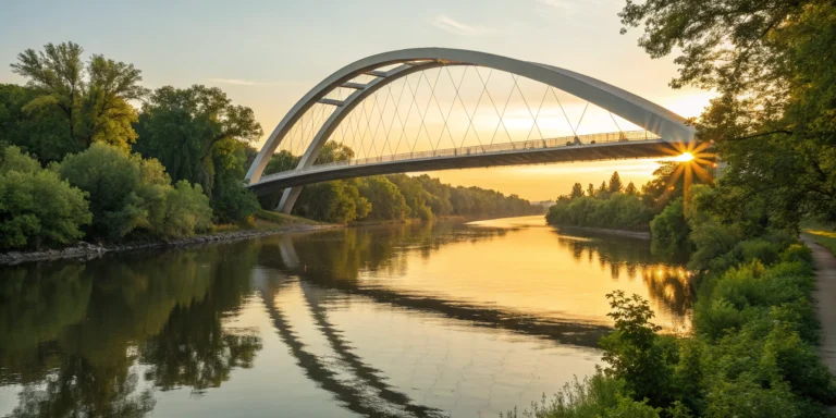 A modern bridge over a river, representing the financial gap covered by bridge loans.