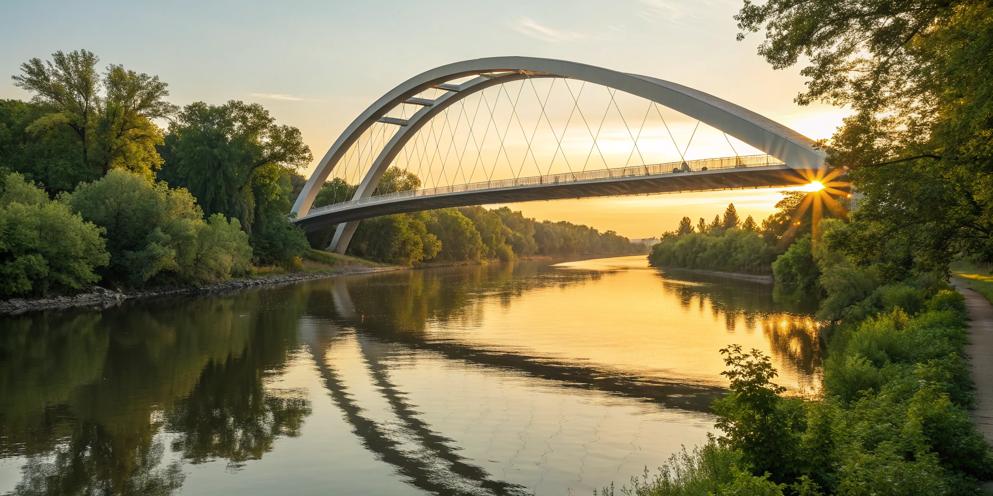 A modern bridge over a river, representing the financial gap covered by bridge loans.