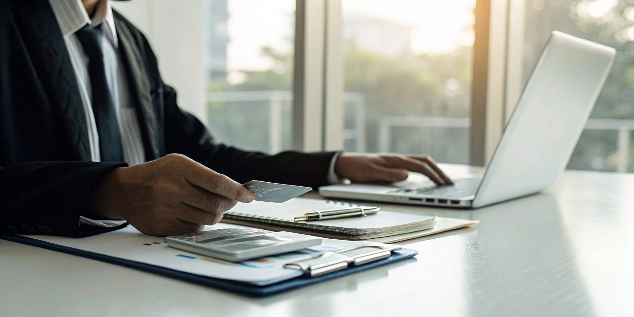 A business professional applies for a business line of credit using a laptop and credit card.