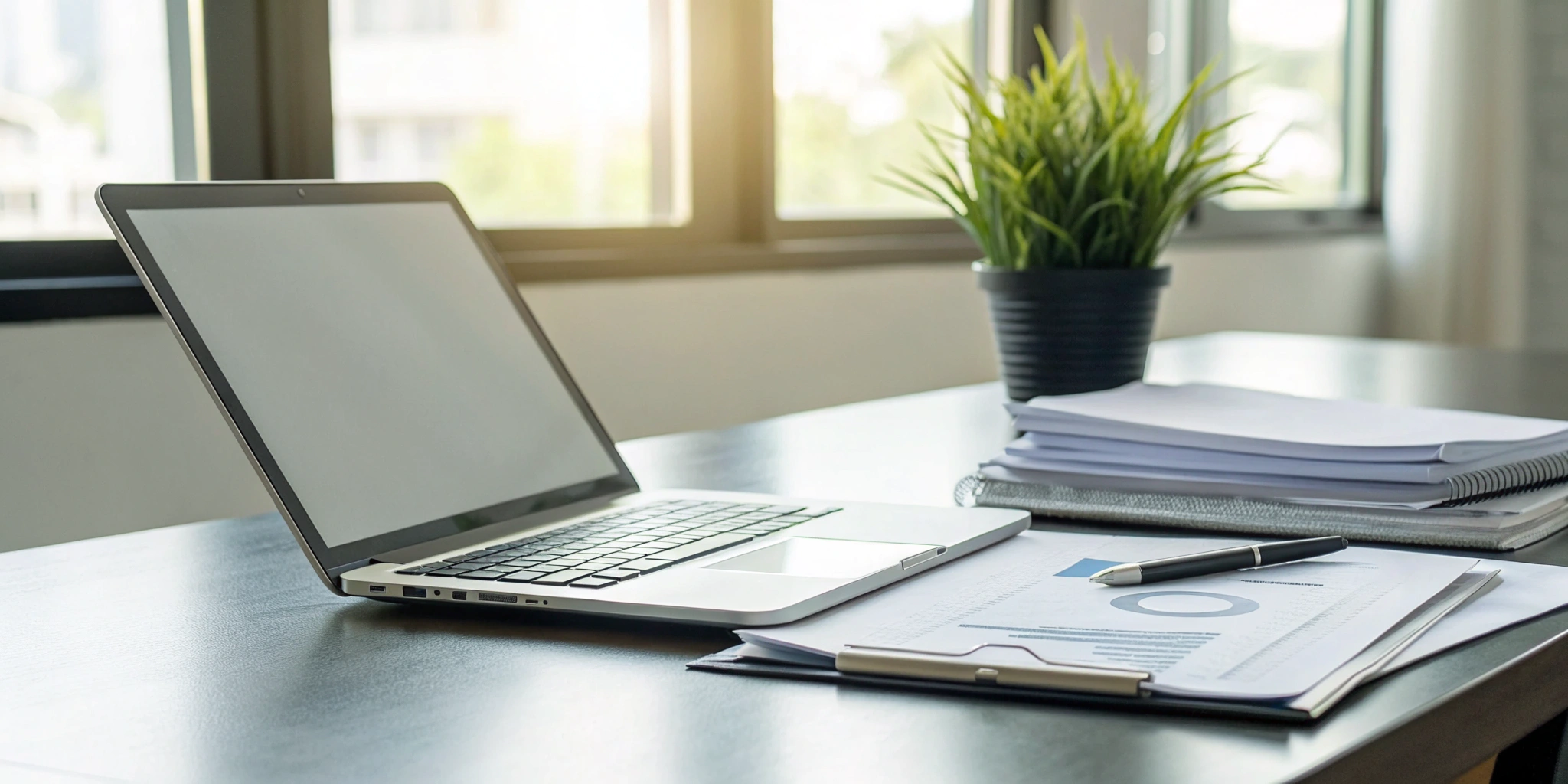 A desk with a laptop and documents needed for business loan qualifications.