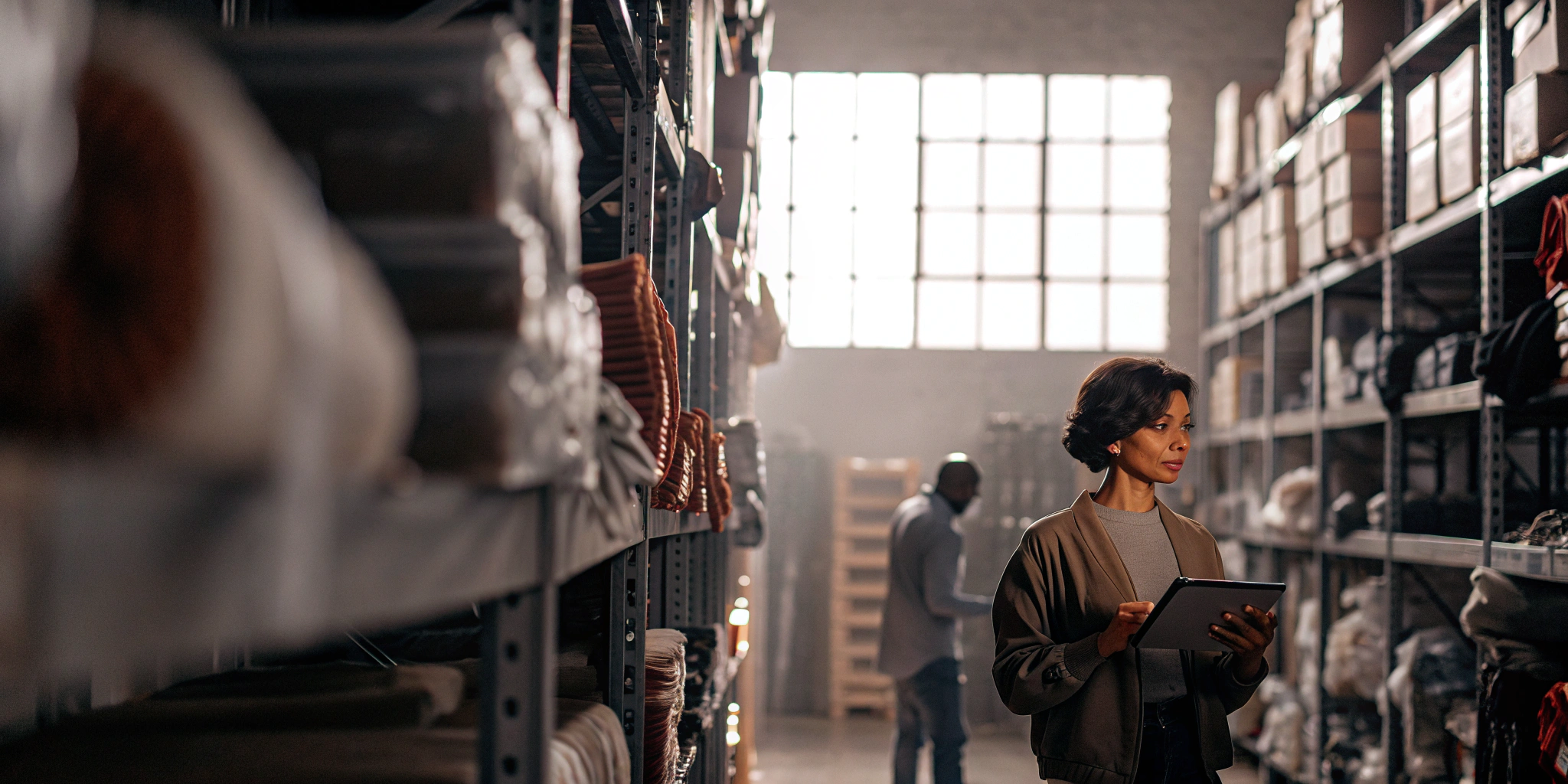 A business owner uses a tablet to track inventory and supplies financed by a business loan.