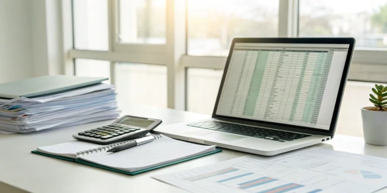 Factoring Receivables Accounting Made Simple 7 An accountant's desk with a laptop and calculator for factoring receivables accounting.