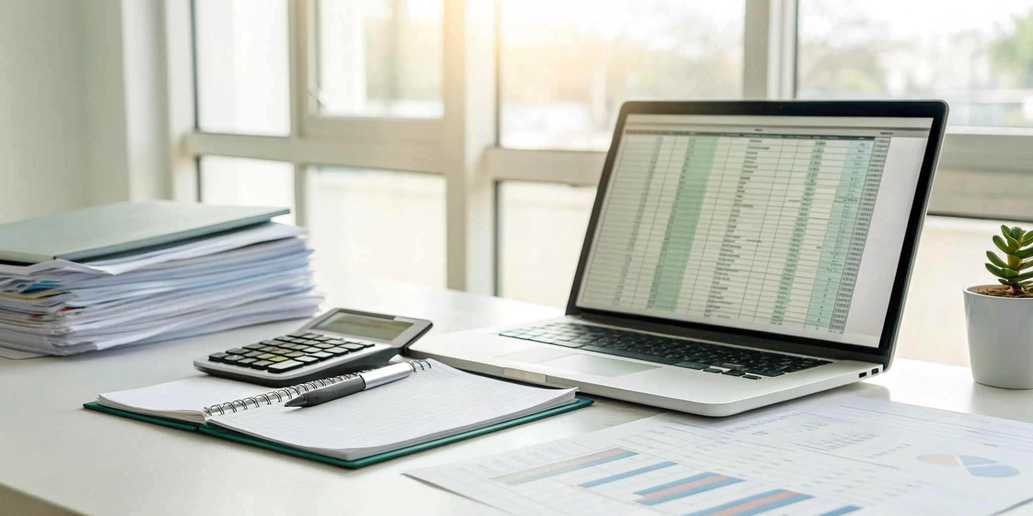 An accountant's desk with a laptop and calculator for factoring receivables accounting.