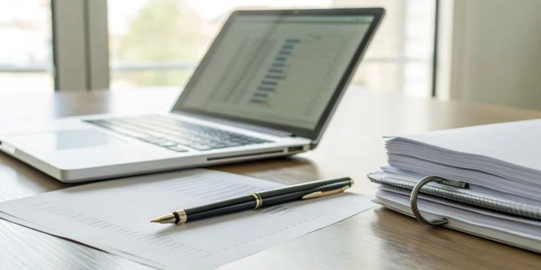 What is Factoring Without Recourse? A Simple Guide 7 A desk with a laptop and documents for creating a factoring without recourse journal entry.