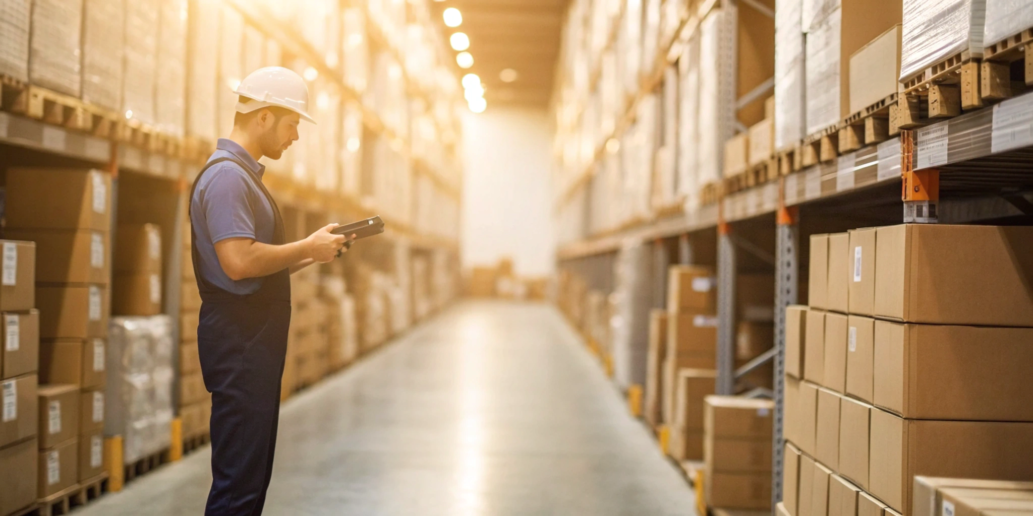 Worker in a warehouse using a tablet to manage stock for inventory financing.