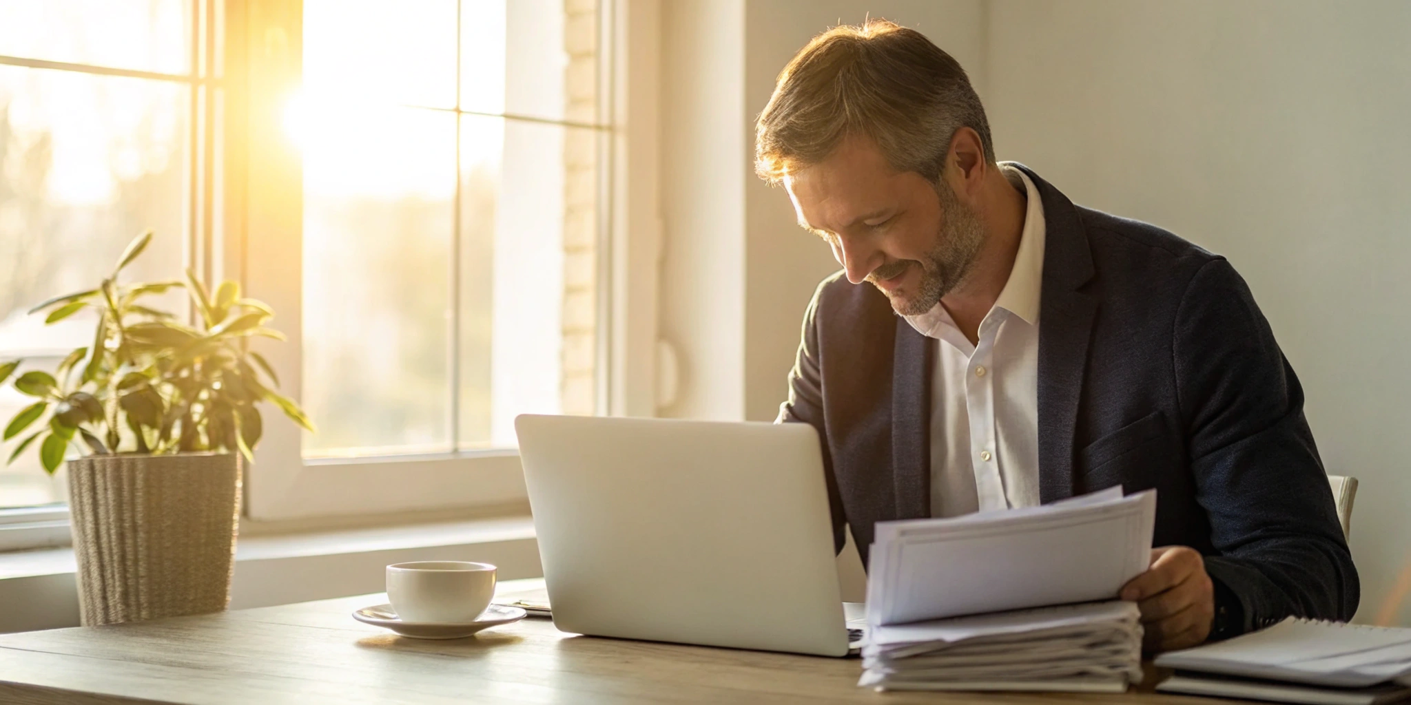 Businessman reviewing invoices at a desk, using invoice factoring for working capital.