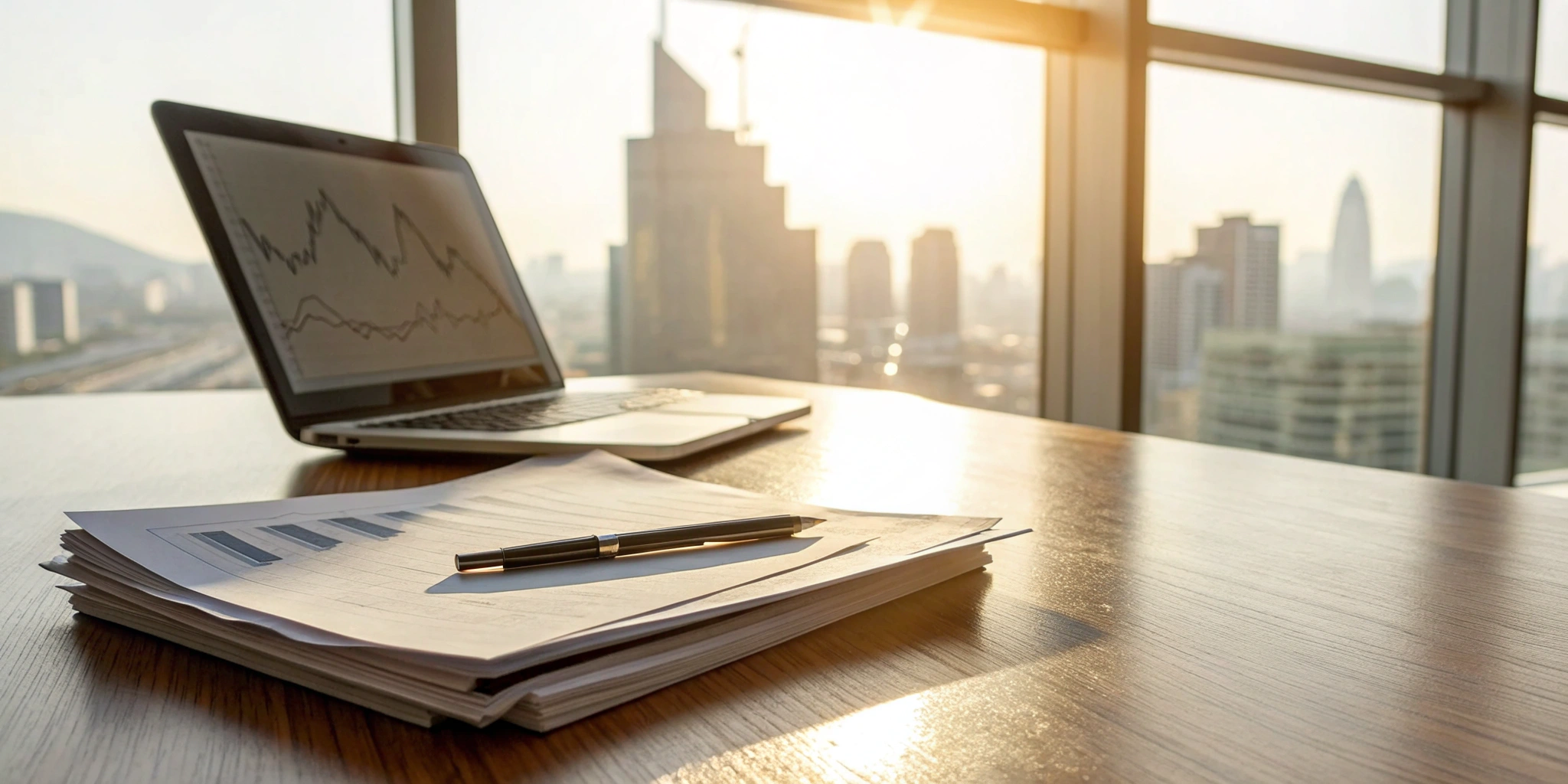 Laptop with financial documents on a desk to apply for a commercial equipment loan.
