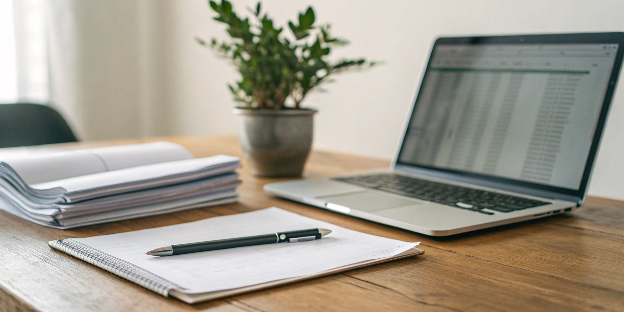 Desk with laptop and documents for an SBA 7a loan application.