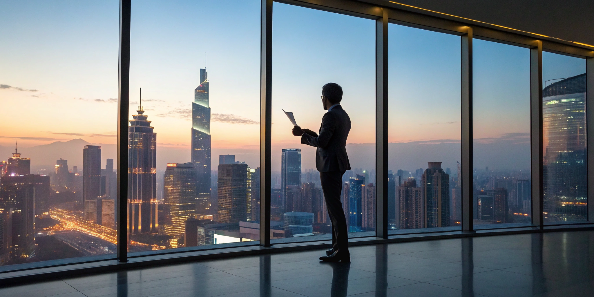 Business professional overlooking a city, planning strategies to expand operations.