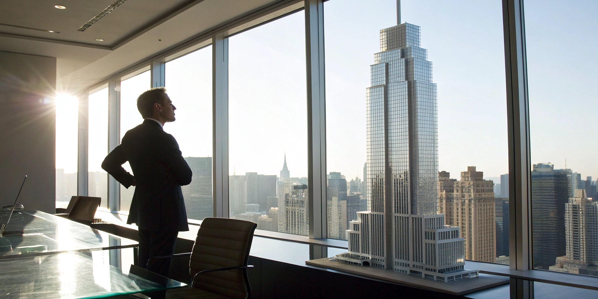 Businessman with a building model securing a business acquisition loan with no collateral.