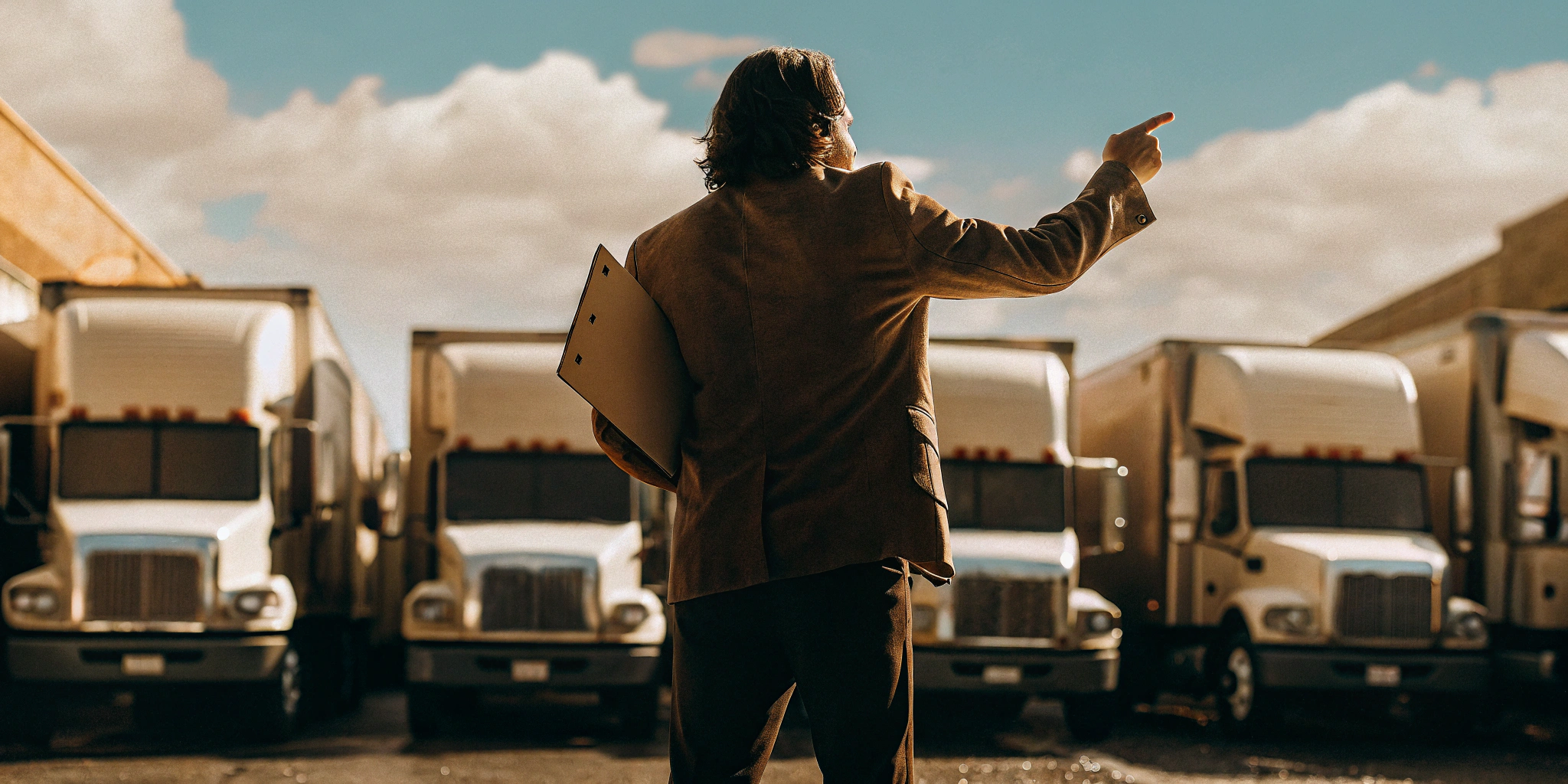 Manager reviewing a fleet of trucks after getting the capital needed to fulfill a contract.