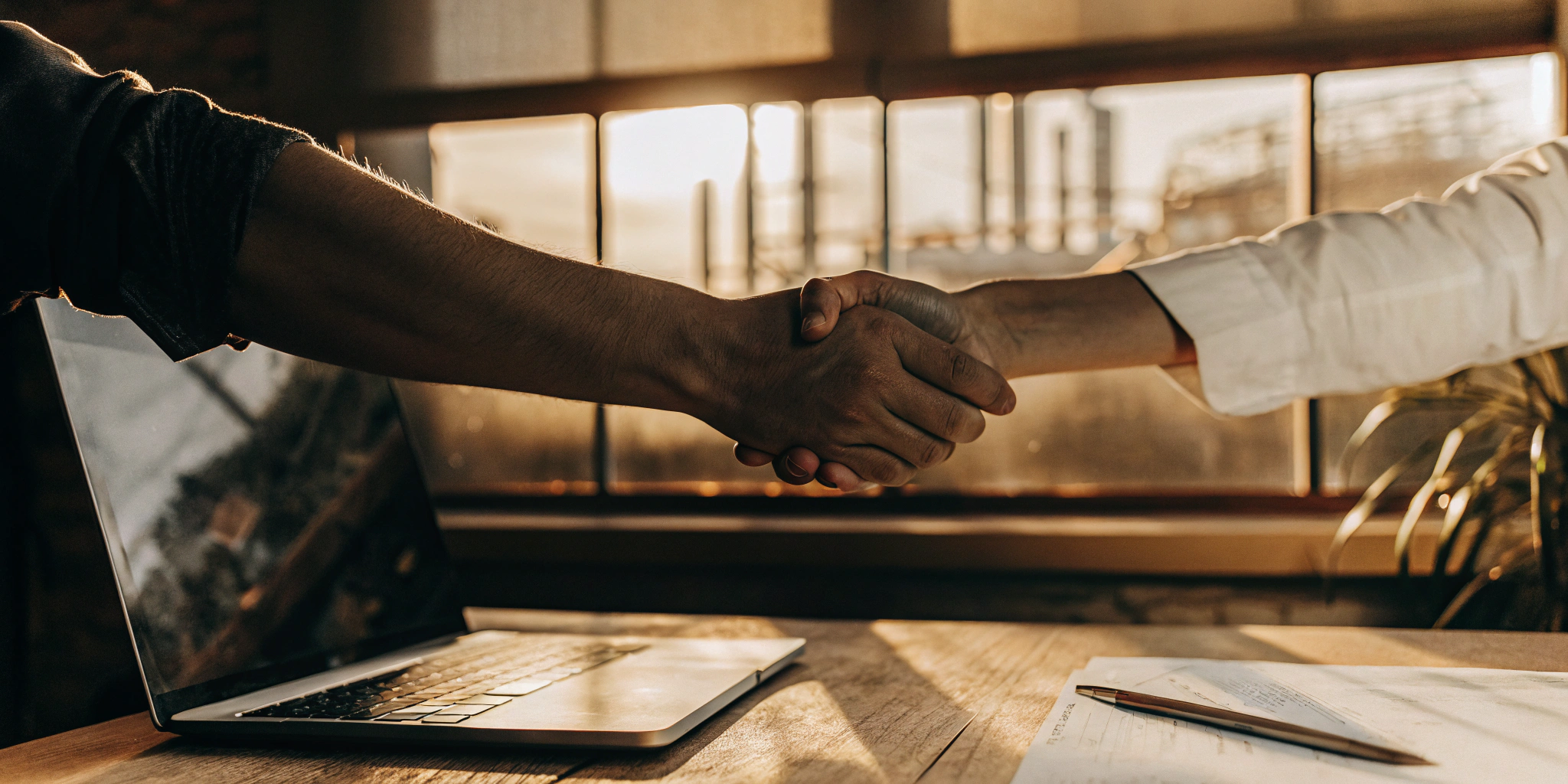 Business handshake securing funding for a large purchase order.