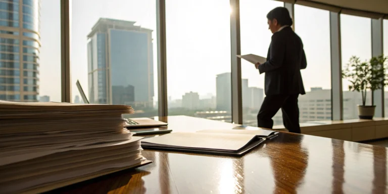 Businessman reviewing government contract documents for invoice factoring.