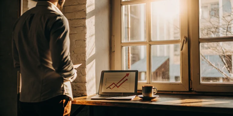 Merchant analyzing a cash advance based on future revenue shown on a laptop graph.