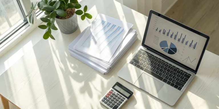 What's the Real Cost of a Merchant Cash Advance? 9 A desk with a laptop and paperwork to review merchant cash advance requirements.