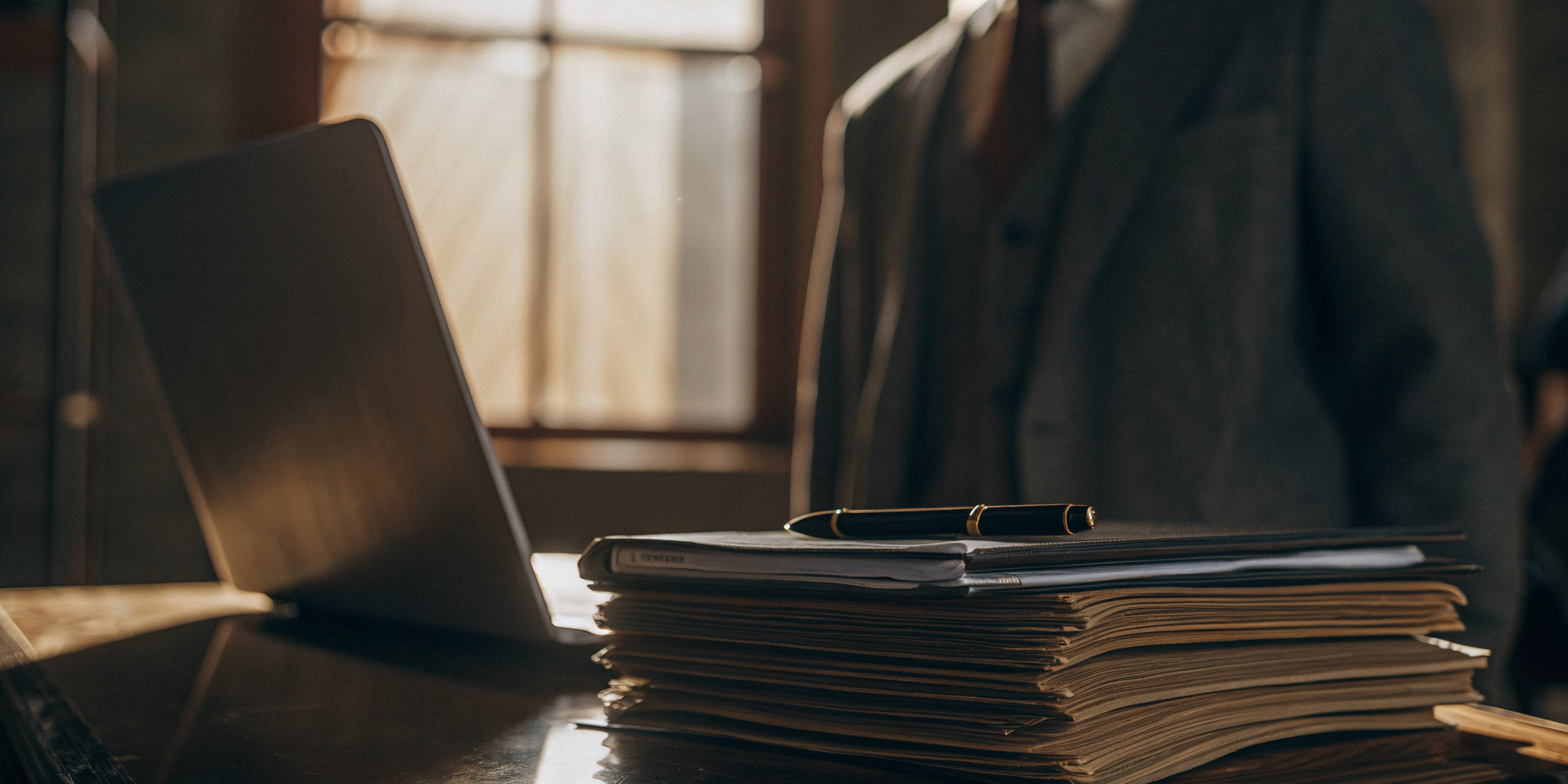 Purchase order financing documents with a pen and laptop on a desk.