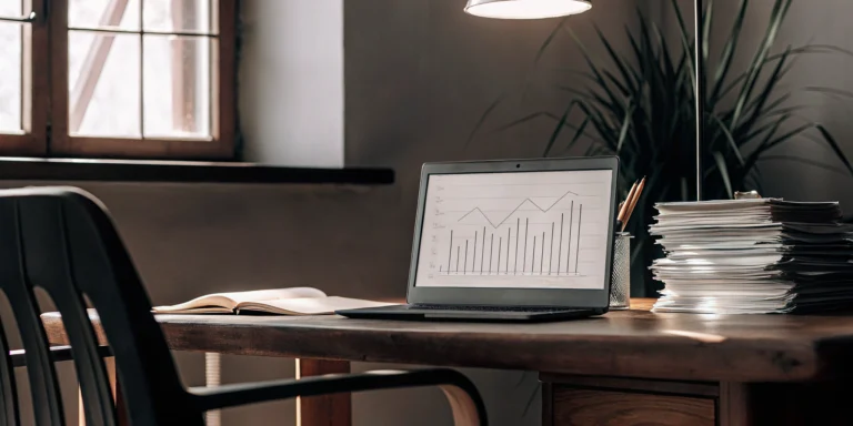 A desk with a laptop and paperwork for finding the best company to sell invoices to.