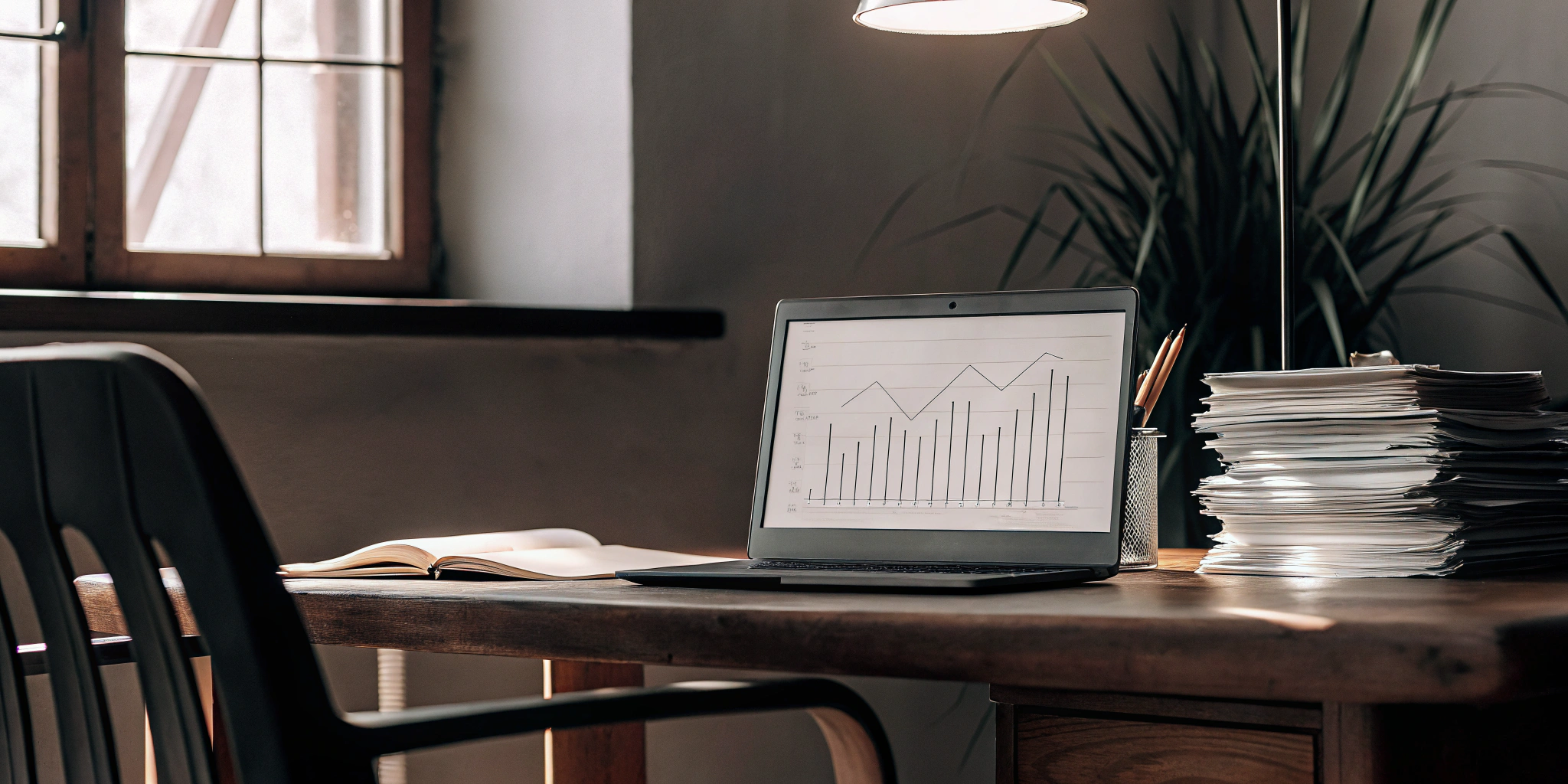 A desk with a laptop and paperwork for finding the best company to sell invoices to.