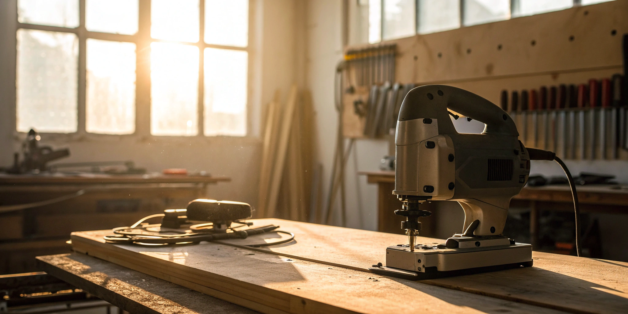 Woodworking equipment on a workbench, an option for SMBs considering equipment leasing.