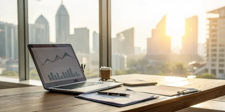 Laptop displaying financial charts on a desk with documents for hard money loans.