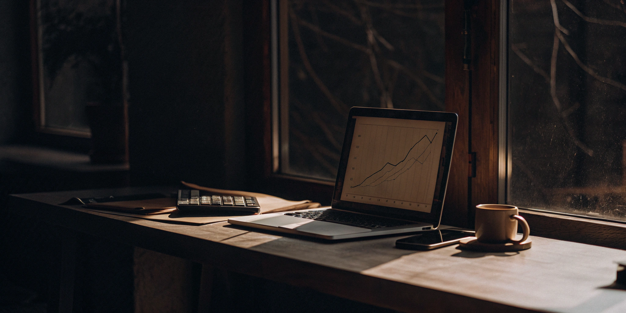 A laptop and calculator used to analyze a company's cash flow for financing.
