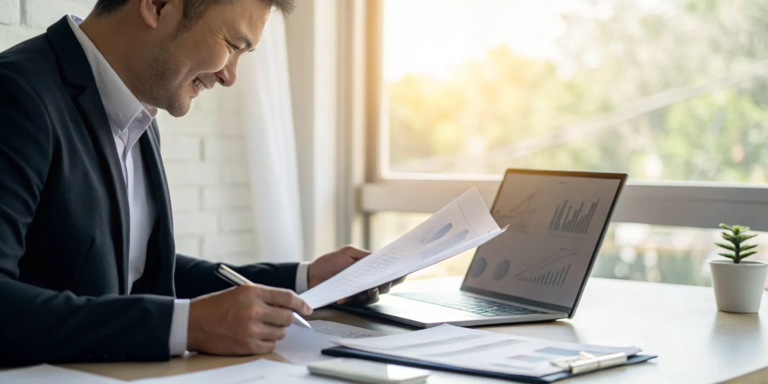 A contractor researches the best factoring company for government contracts on a laptop with financial charts.