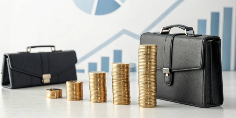 Best options for fast working capital visualized with gold coins and briefcases on a desk.