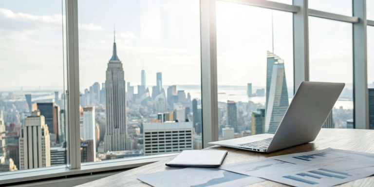 Office desk with laptop and paperwork for a retailer's business loan in New York City.