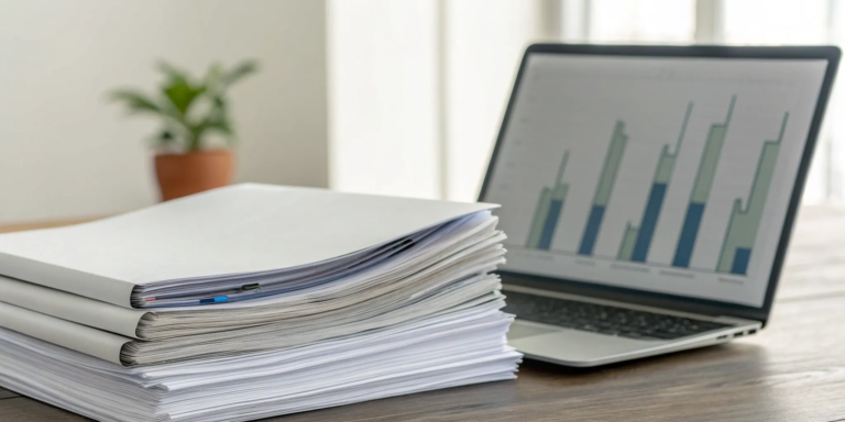 A Simple Guide to Small Business Loans for Bad Credit 5 Laptop, charts, and paperwork for a small business loan for bad credit.