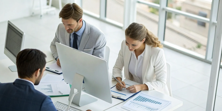 Business owners comparing documents to find the best 10 year equipment loan lenders.
