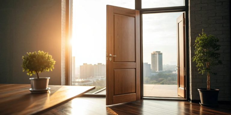 Sunlit office with an open door, a guide on how to get a small business loan with bad credit.