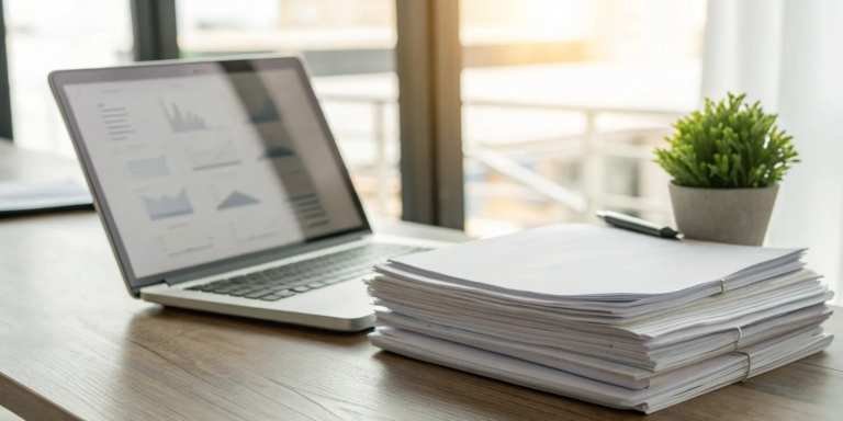 What is Invoice Factoring & How Does It Work? 2 A stack of invoices on a desk next to a laptop used for an invoice factoring service.