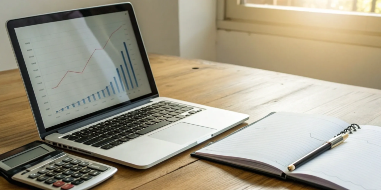 Invoice financing plan on a laptop with a calculator to manage business cash flow.