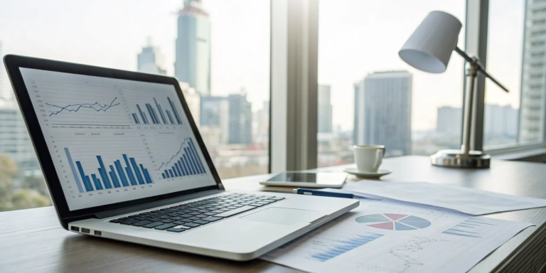 What Is Purchase Order Financing? A Simple Guide 2 Reviewing PO financing documents for Los Angeles manufacturers on a laptop with a city view.