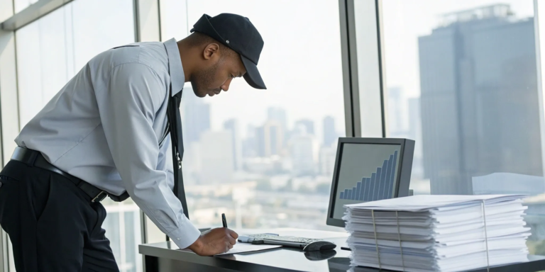 Security Guard Invoice Factoring for Better Cash Flow 9 Security guard reviewing invoices for a factoring service to improve company cash flow.
