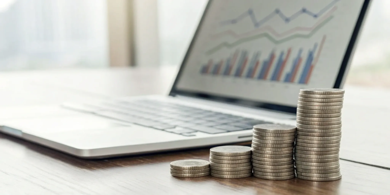 Laptop with financial graphs and stacks of coins for a small business getting same day funding.