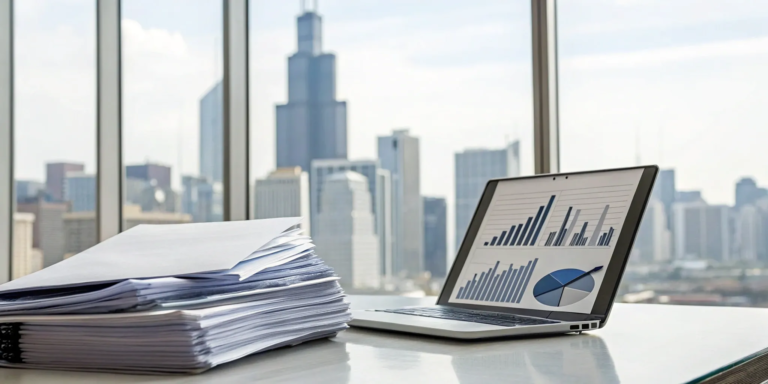 Laptop with sales charts on a desk overlooking the Chicago skyline for funding based on future sales.