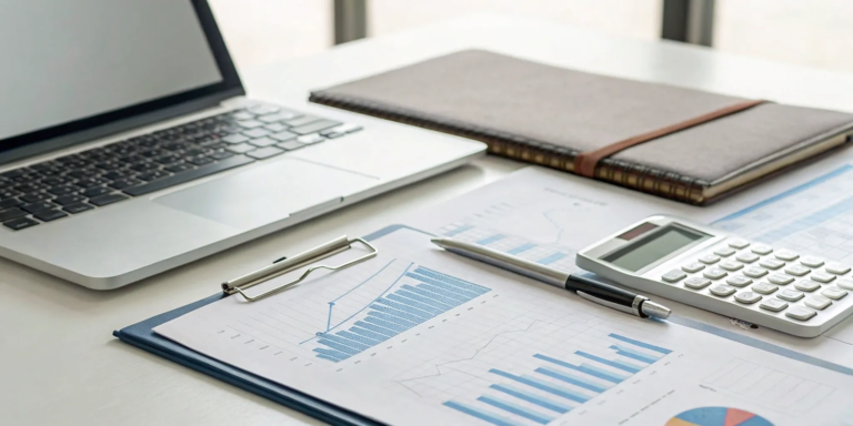 11 Best Invoice Factoring Companies Reviewed 4 A small business owner's desk with a laptop and calculator for researching the best invoice factoring companies.