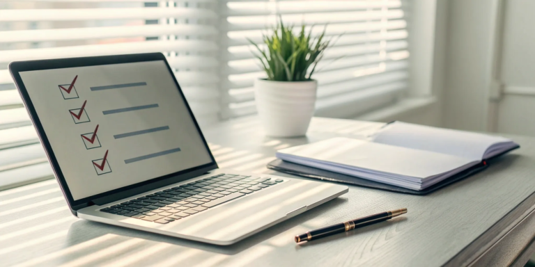 A checklist for an easy business loan application on a laptop screen with a notebook and pen.