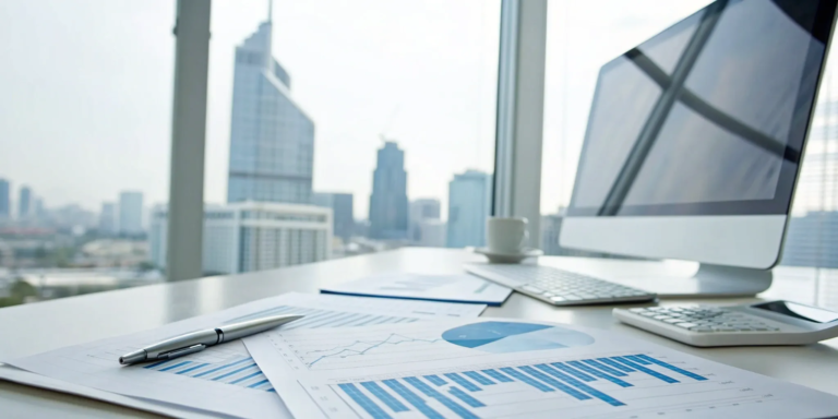 Purchase Order Financing: A Guide for Your Business 9 Desk with financial charts for finding the best purchase order financing companies in California.