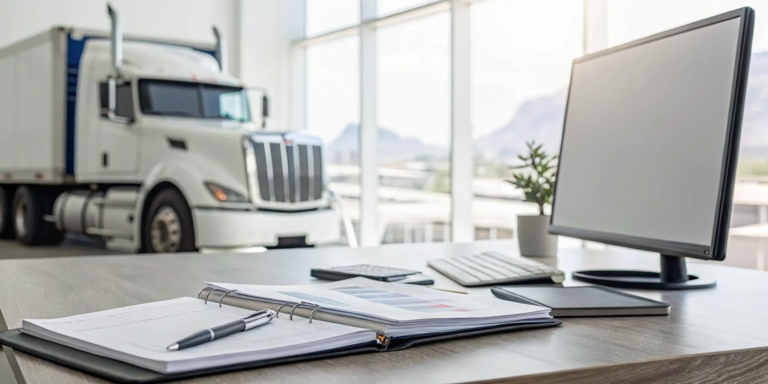 The Trucker's Guide to Invoice Financing 5 Invoice financing paperwork for a NYC trucking company on a desk in front of a semi-truck.